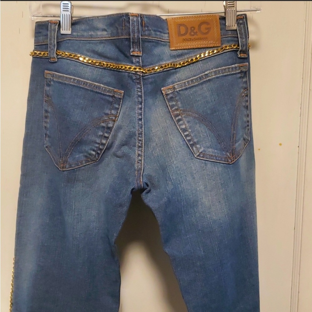 Dolce & Gabbana Blue Straight Leg Jeans with Gold Chain Trim
